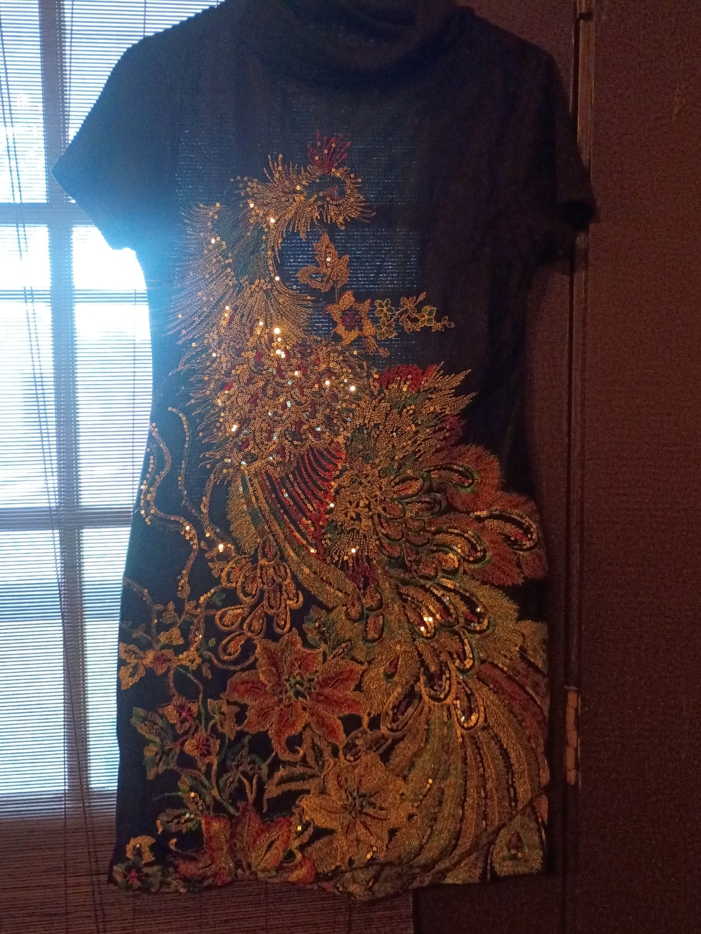 Black Embellished Floral & Peacock Short Sleeve Dress (M165)